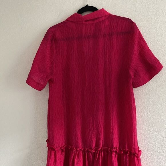 Anthropologie Exquise Deep Raspberry Pink Drop Waist Button-Front Mid Dress - Picture 7 of 9
